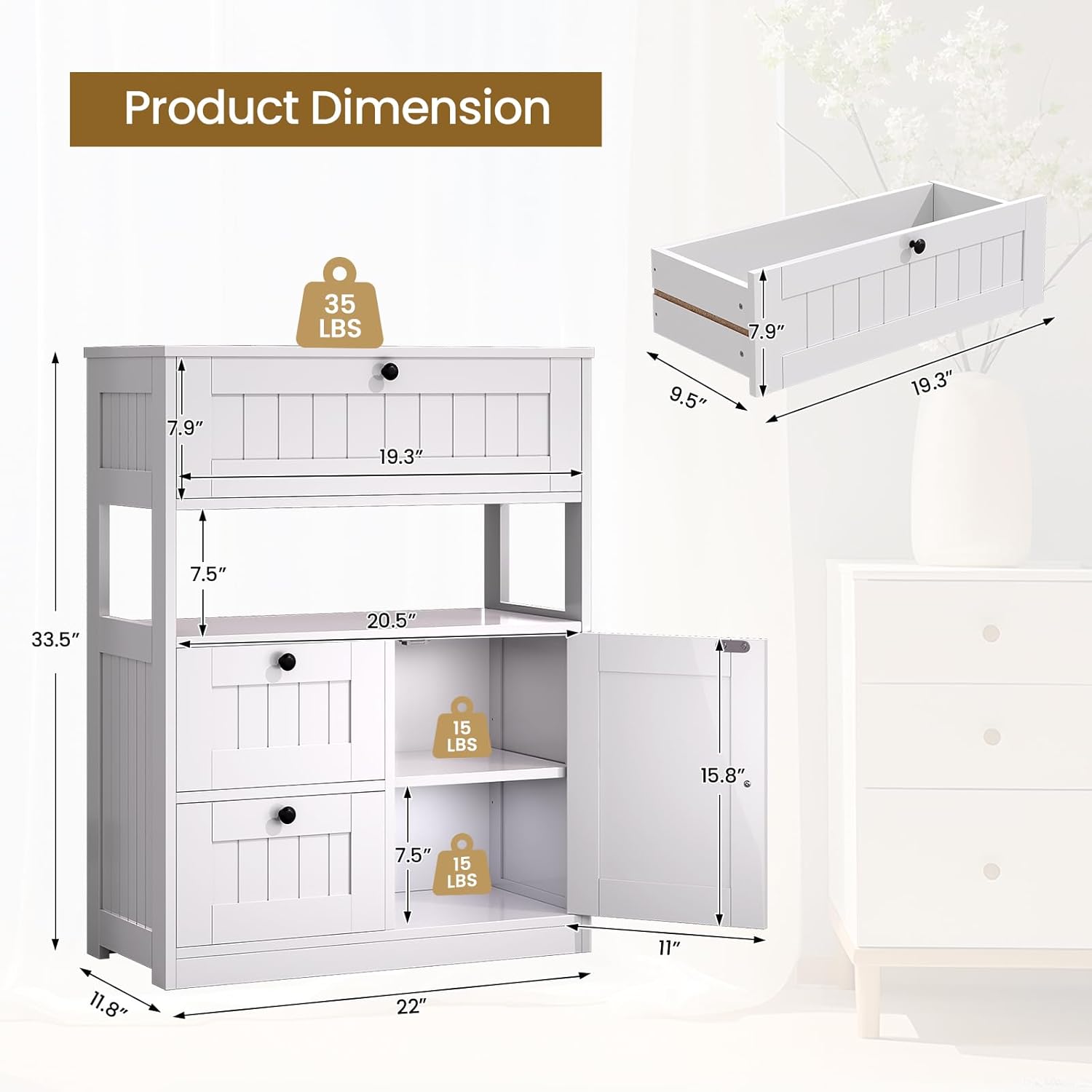 Bathroom Cabinet, Modern Bathroom Floor Storage Cabinet Organizer with 3 Drawers and Adjustable Shelves, Home Furniture for Multifunction in Living Room, Hallway, Kitchen, White
