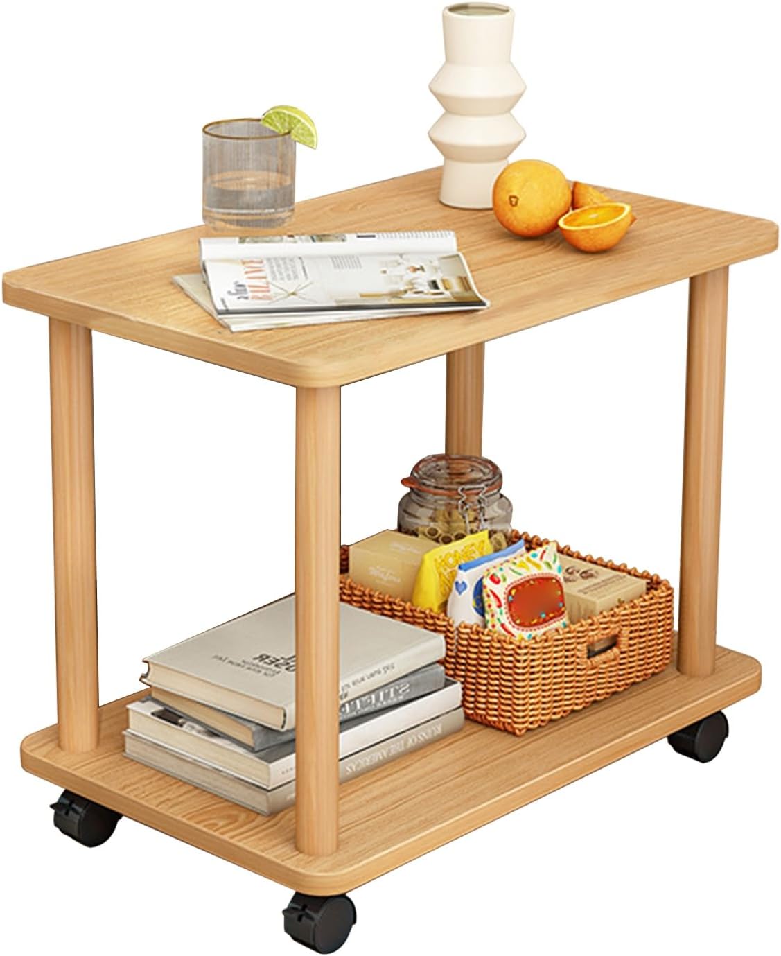 360 Degree Small Wood Side Table,2 Tier Coffee Table Sofa Tea Table End Table, Nightstand for Living Room, Bedroom, Office, Bathroom, Easy to Assemble,Weight 150lb Simple Style Wooden Color