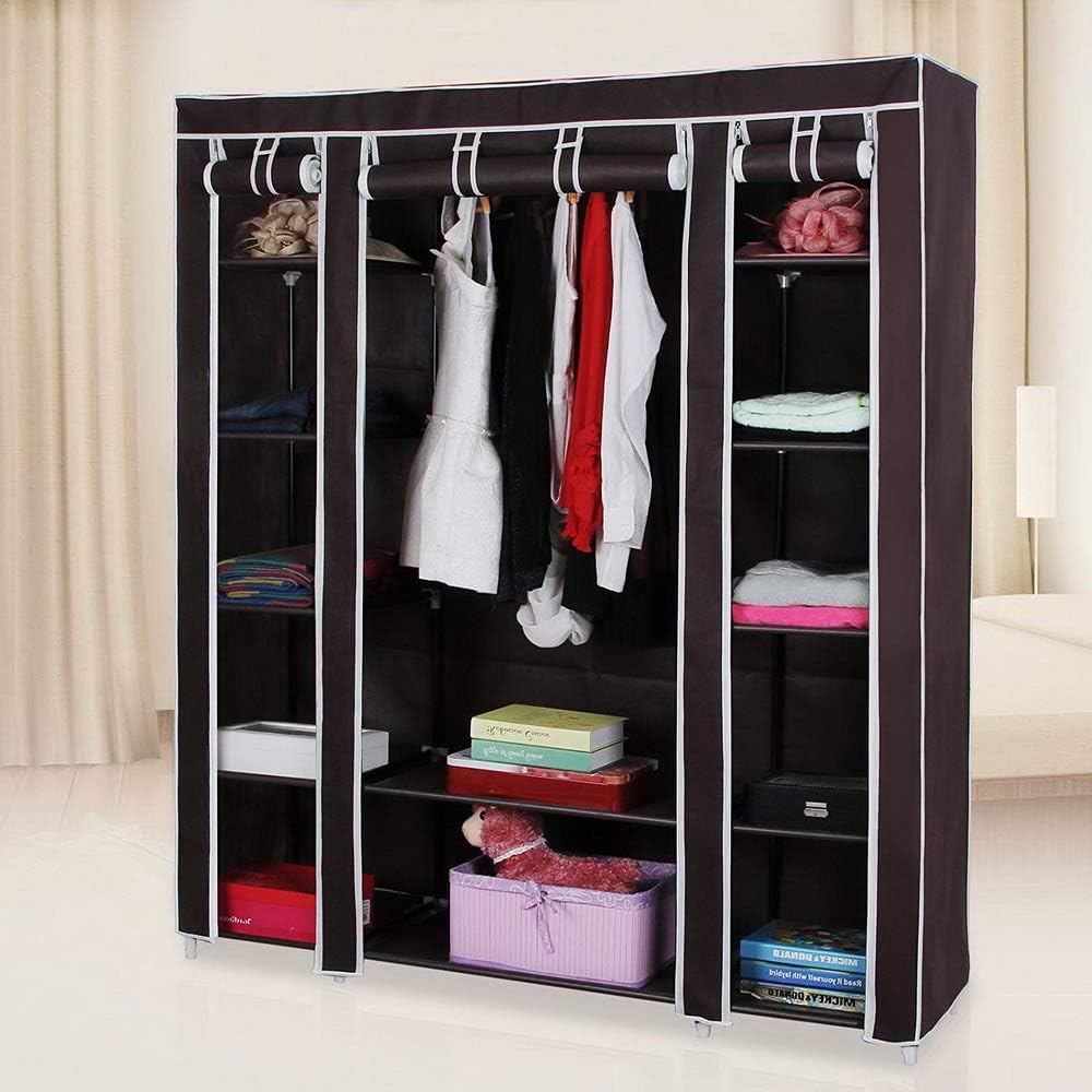 amopacorp 69" Non-Woven Fabric Portable Clothes Closet Wardrobe Storage Organizer with Movable Hanging Rod and 12 Storage Shelves Quick and Easy to Assemble Extra Strong and Durable, Dark Brown