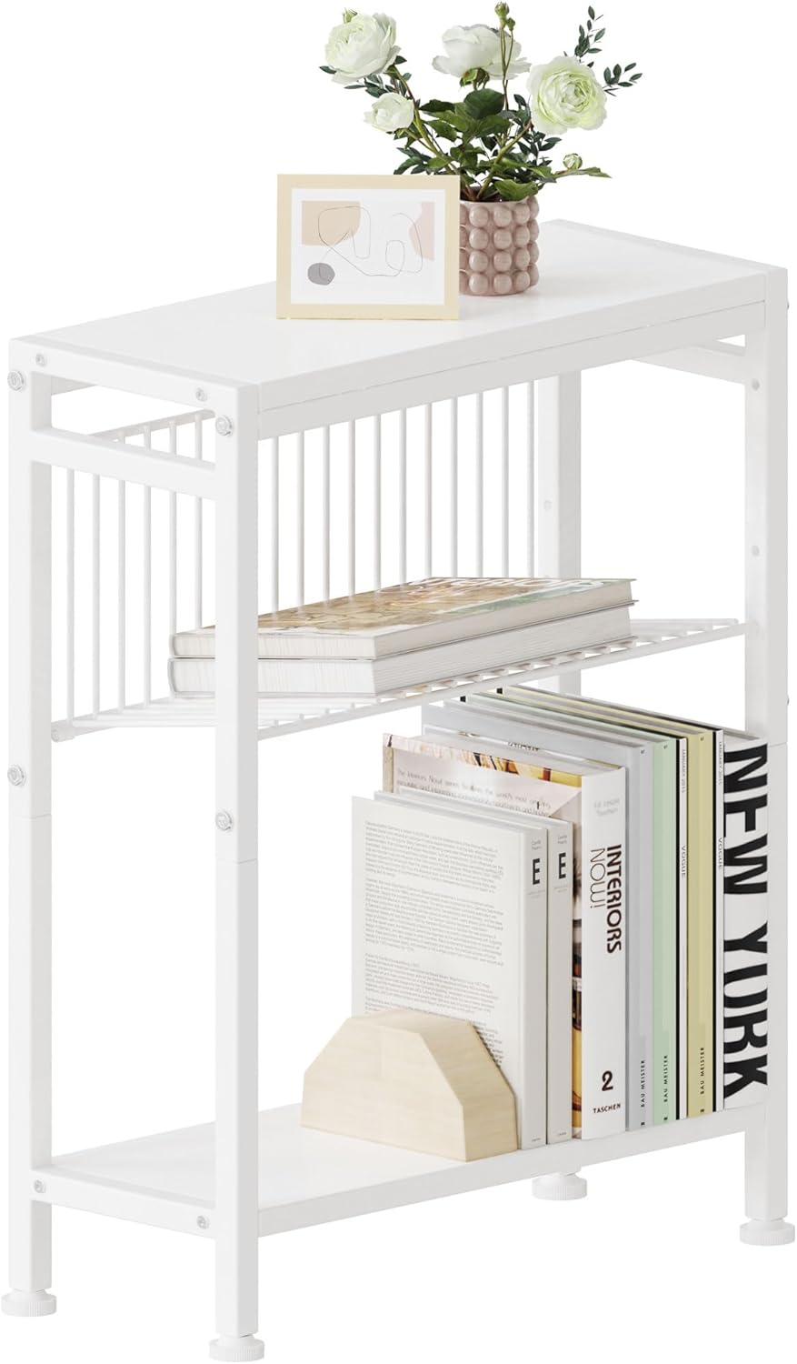Side Table for Small Spaces, Narrow End Table with Magazine Holder, 2 in 1 Design Slim Side Table, Skinny Nightstand for Living Room Bedroom, Thin Side Magazine Table, White