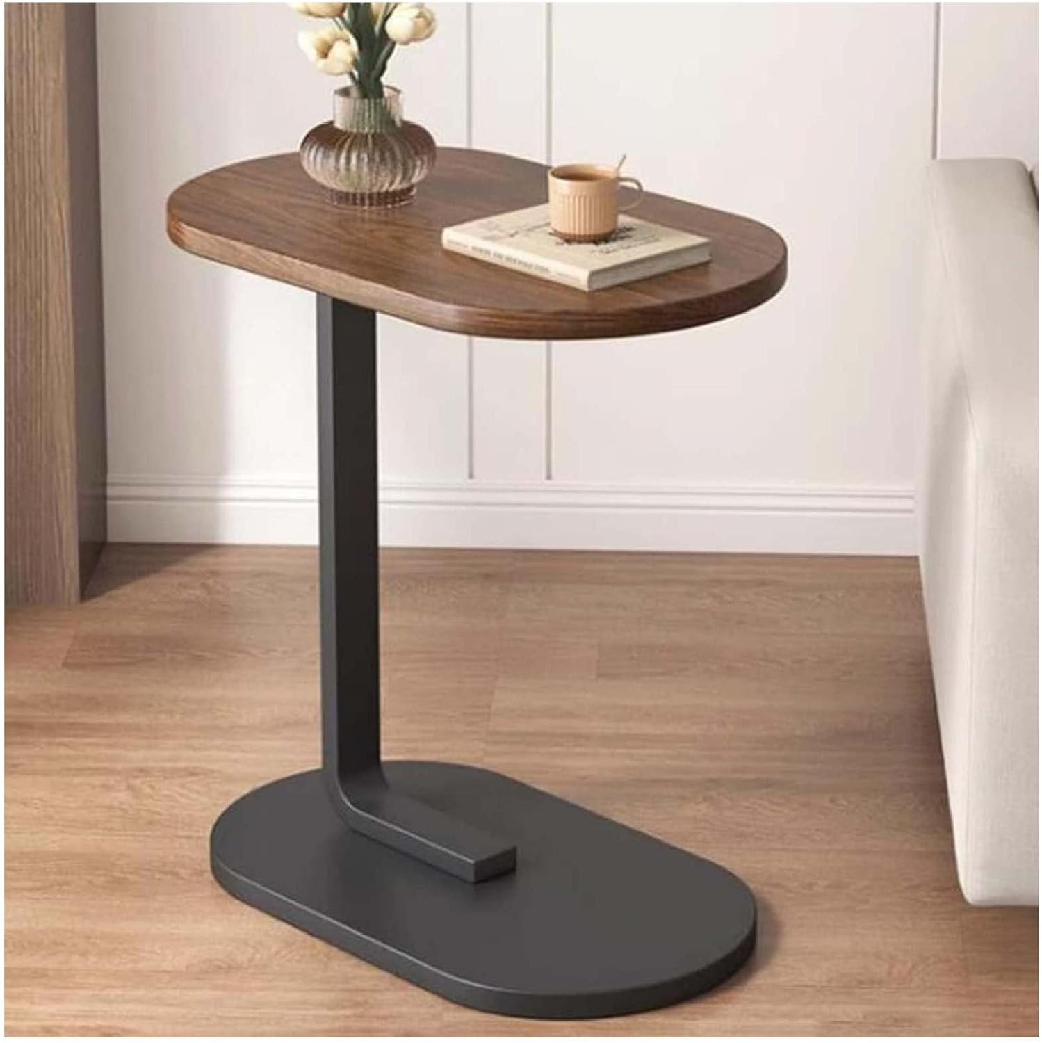 C-Shaped Side Table, Small End Table for Couch, Bedside Table for Living Room & Bedroom - 12" W x 18" L x 24.5" H, Walnut & Black