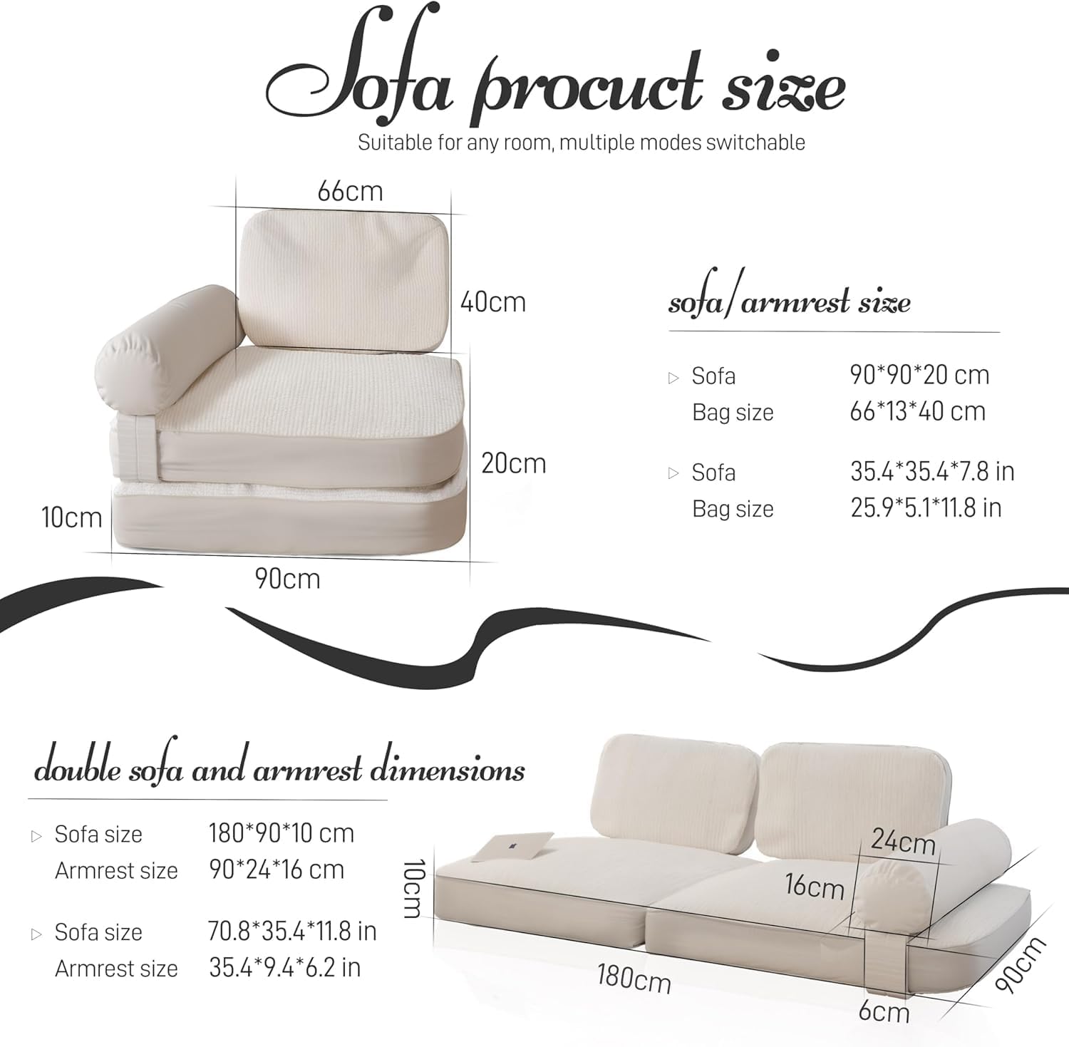 Daneey Foldable Floor Sofa Bed, Folding Floor Sofa Bed Chair, Floor Mattress for Adults, Wall Support with Washable Soft Beige Cover