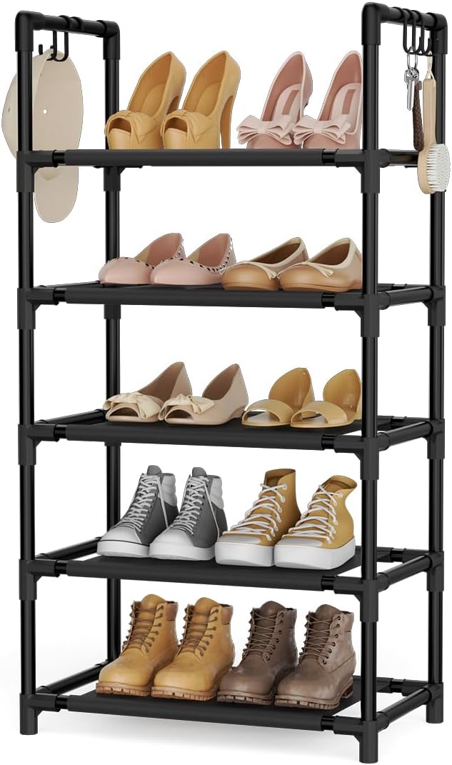 10 Tiers Tall Shoe Rack 20-25 Pairs Boots Organizer Storage Sturdy Narrow Shoe Shelf for Entryway, Closets with Hooks, Black