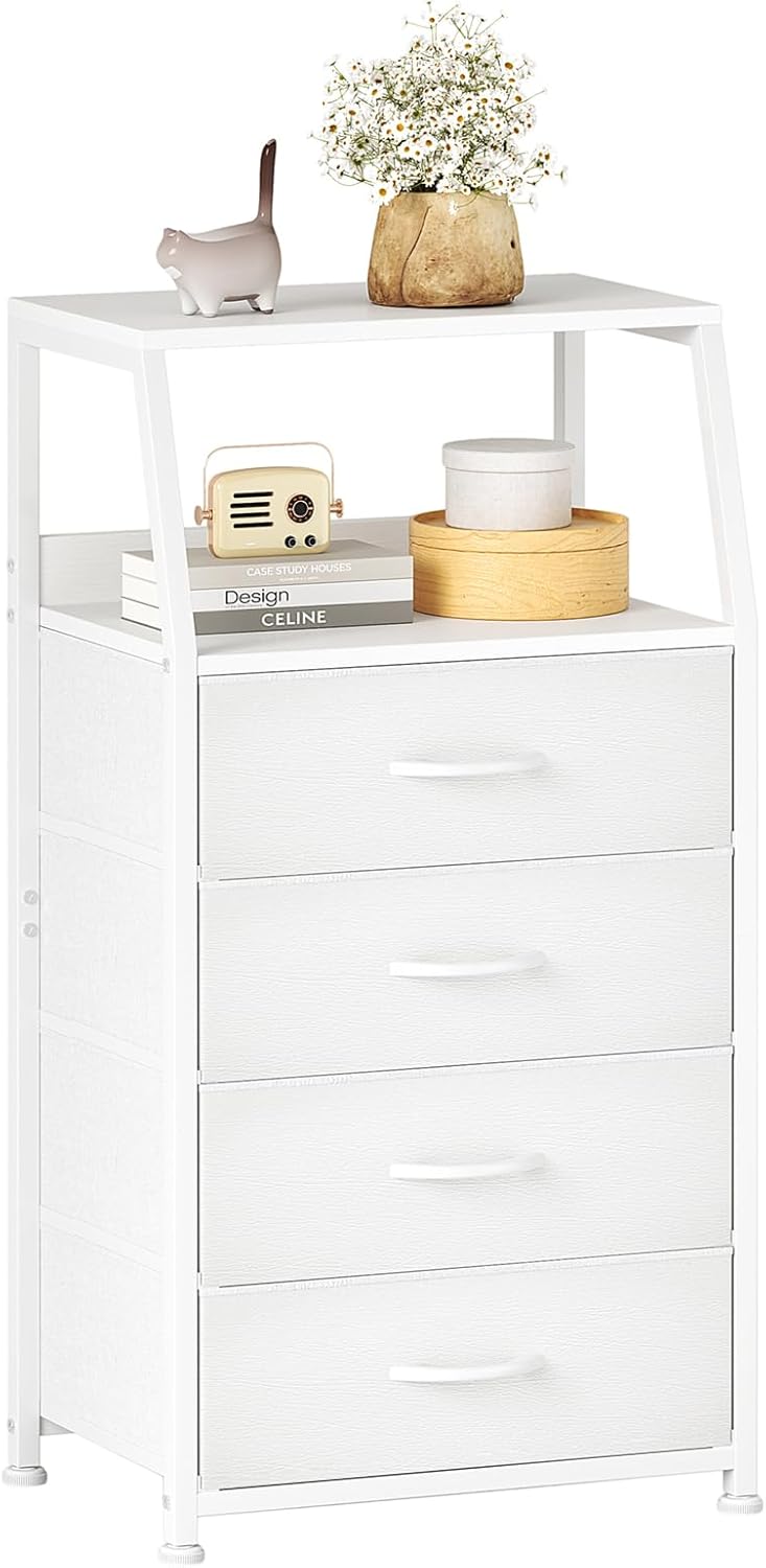 CAIYUN Nightstand with 4 Drawers, Small Dresser for Bedroom, Wooden Top Bedside Table, Night Stand with Fabric Bins for Living Room/Closet/Entryway/Hallway, 2-Tier Storage End Table, Black