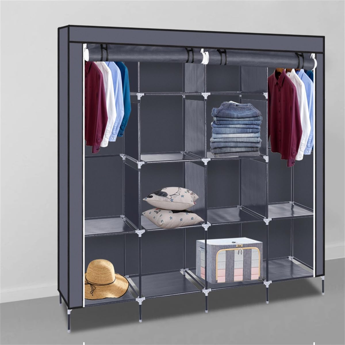 Portable Closet, 67" Clothes Wardrobe Rack, Sturdy Fabric Organizer with 12 Shelves, 4 Side Pockets, Space Saving Gray Design Ideal for Apartments, Dorms, Easy to Assemble