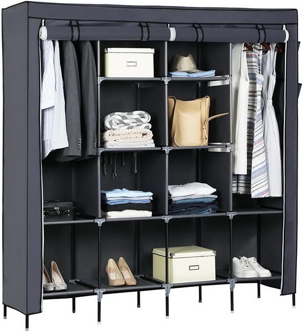 Portable Closet, 67" Clothes Wardrobe Rack, Sturdy Fabric Organizer with 12 Shelves, 4 Side Pockets, Space Saving Gray Design Ideal for Apartments, Dorms, Easy to Assemble