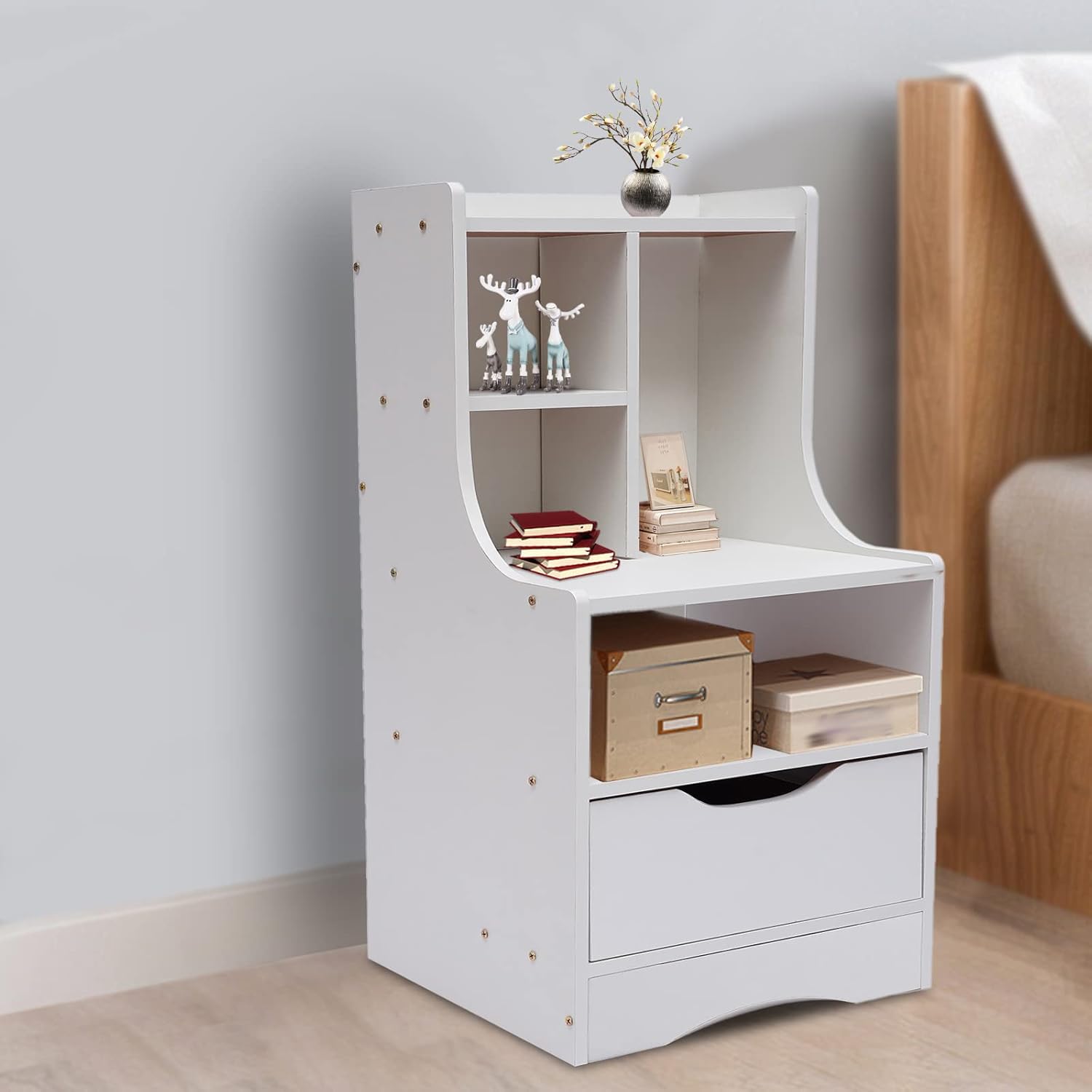 Nightstand End Table with Storage (1 Drawer + Open Compartment) Narrow Nightstand Sofa Side Table for Small Space Living Room Bedroom Furniture, White, 14.57 * 11.81 * 27.56in