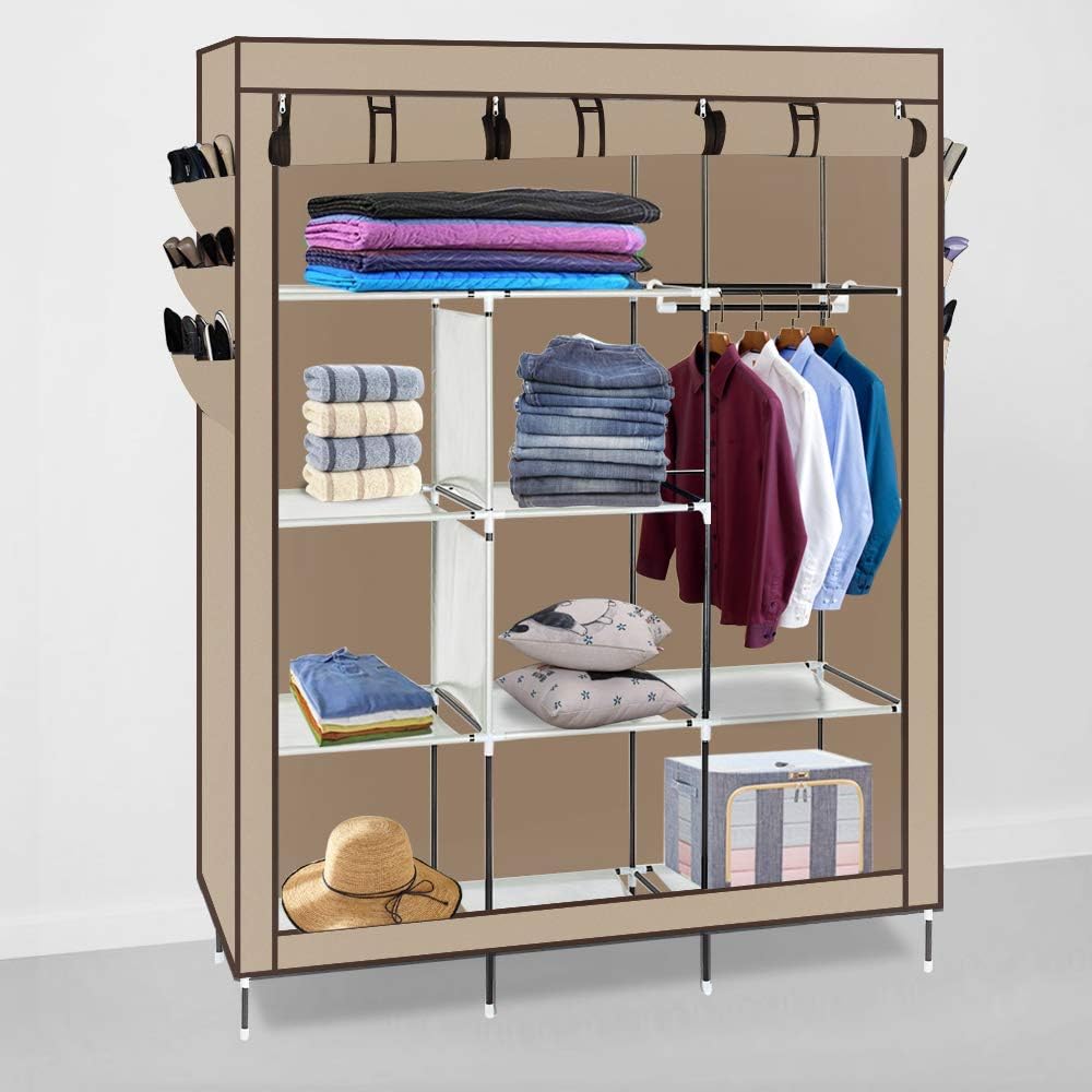 69"" Beige High-Leg Non-Woven Fabric Assembled Cloth Wardrobe Portable Closet Wardrobe with Hanging Rods and Side Pockets Sturdy Large Wardrobe Closet for Home Indoor Organizer, Cream-coloured