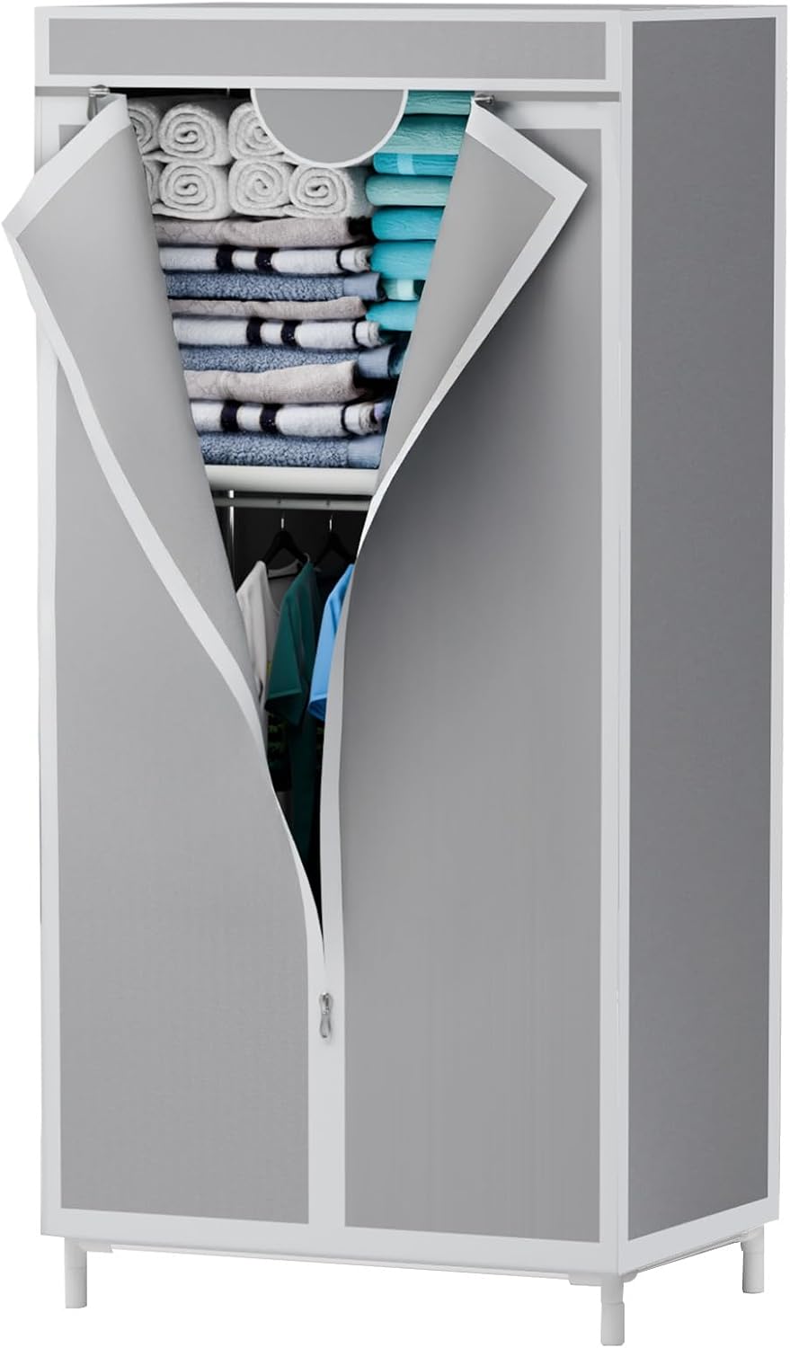 16mm Portable Wardrobe with Hanging & Folding Sections, T-Zipper Design & Full-Cover Dustproof Cover for Bedroom, Apartment, Dorm, Light Gray
