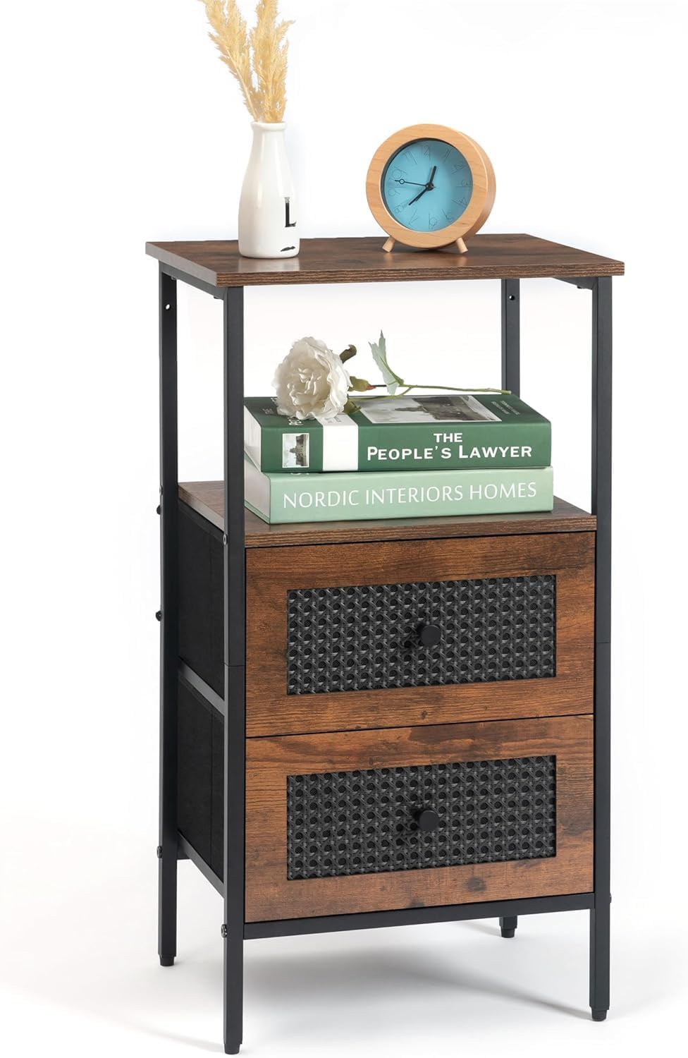 Rattan Nightstand with 2 Drawers, Side Table with Storage, Open Shelf, 27.5 Inch Bed Stand for Bedroom, Living Room, Dorm, Rustic Brown