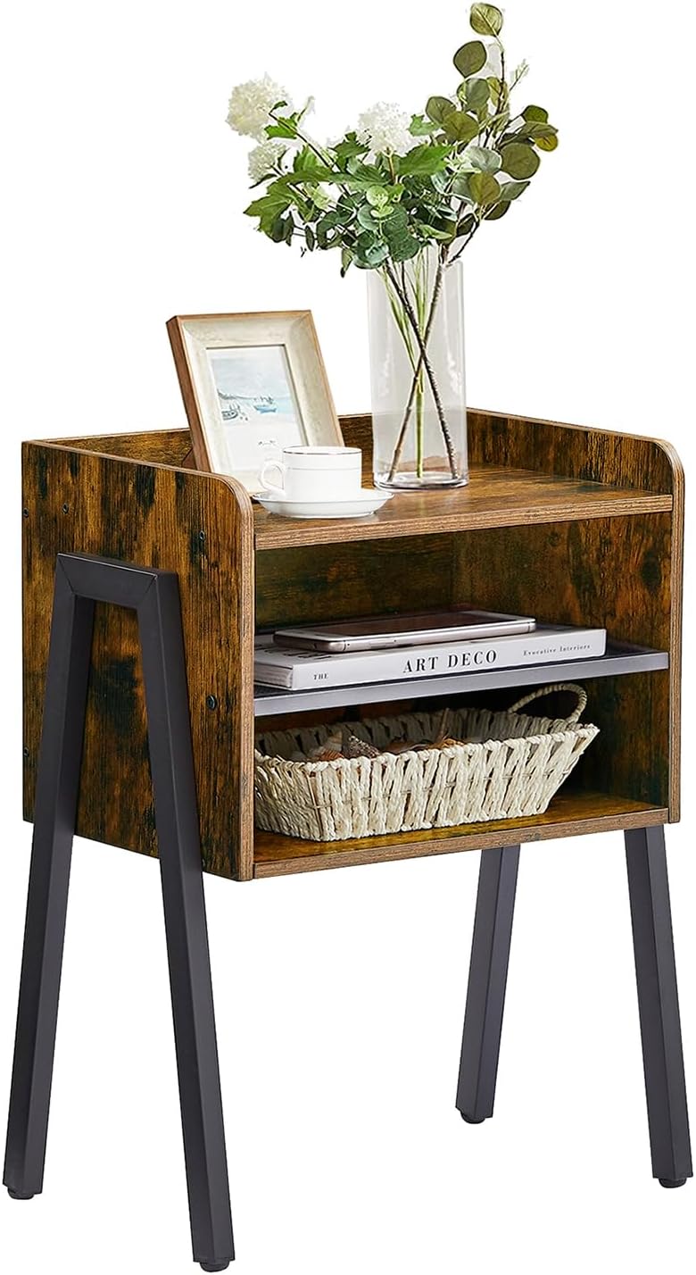 VECELO Nightstand Industrial Side Table/End Table/Stackable Accent Furniture with 2-Tier Open Storage Shelves for Bedroom, Living Room and Small Spaces