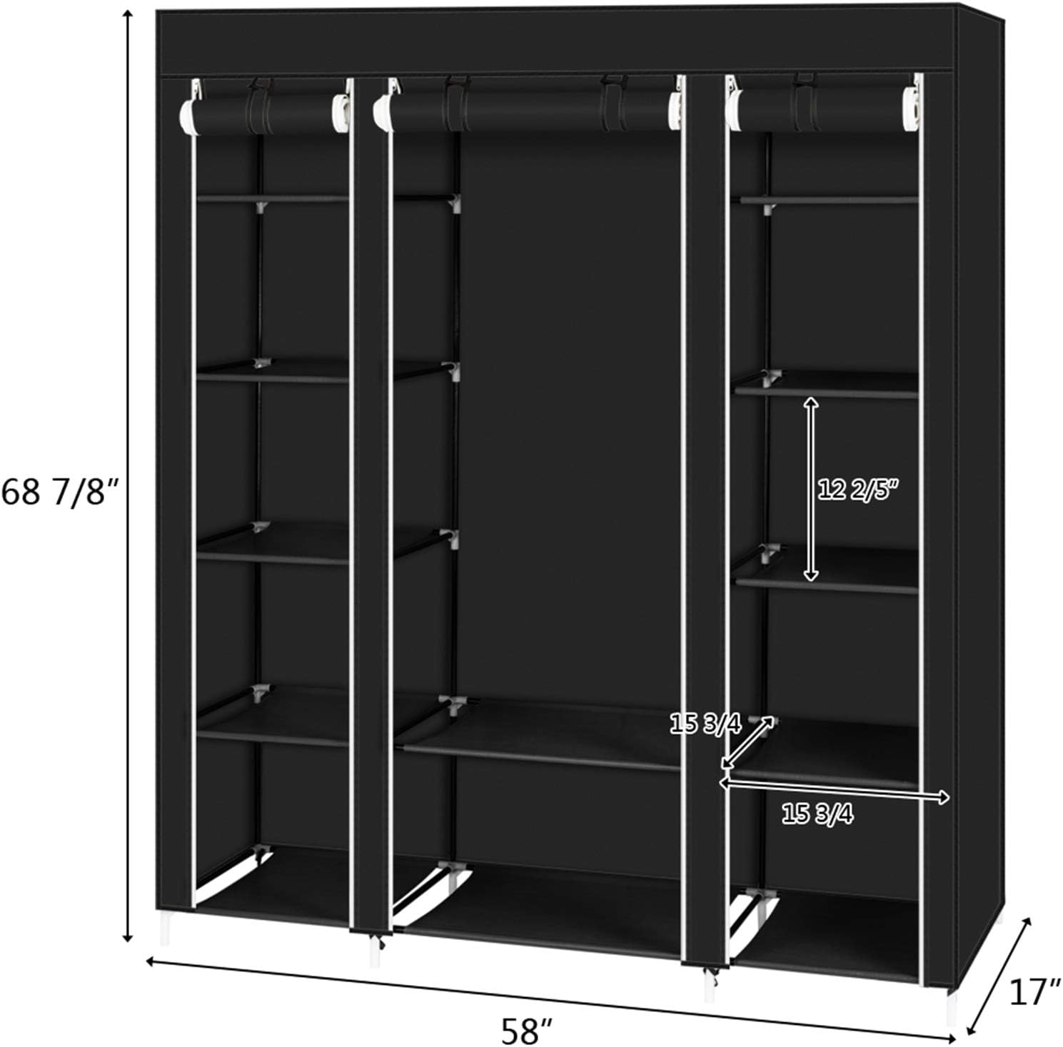 amopacorp 69" Height Portable Clothes Closet w/ 12 Shelves Zippered Wardrobe Storage Organizer with Non-Woven Fabric Quick and Easy to Assemble Extra Strong and Durable, Black