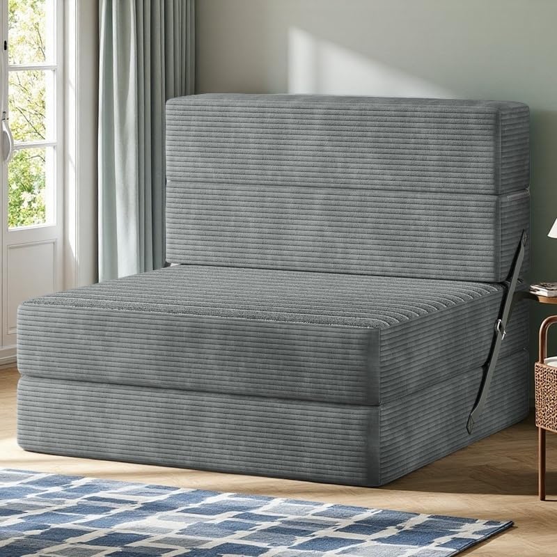 YITAHOME Convertible Folding Sofa Bed, Corduroy Fabric Fold Out Chair Bed, High-Density Memory Foam Floor Futon Couch for Living Room Bedroom Guest Use Apartment, Grey, Single Size