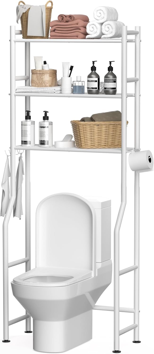 3-Tier Over The Toilet Storage, Space Saver Metal Bathroom Shelves, Freestanding Above Over Toilet Storage Shelf with 4 Hooks for Bathroom, Black