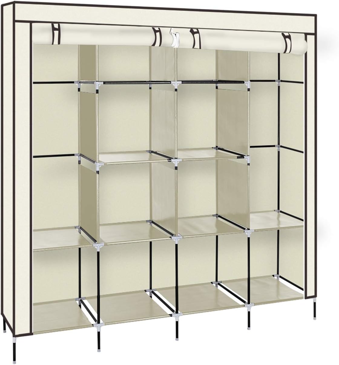 67" Clothes Closet Portable Wardrobe Clothes Storage Rack 12 Shelves 4 Side Pockets Beige Closet Organizer with Protective Cover | Perfect for Storage in Your Bedroom MITPATY