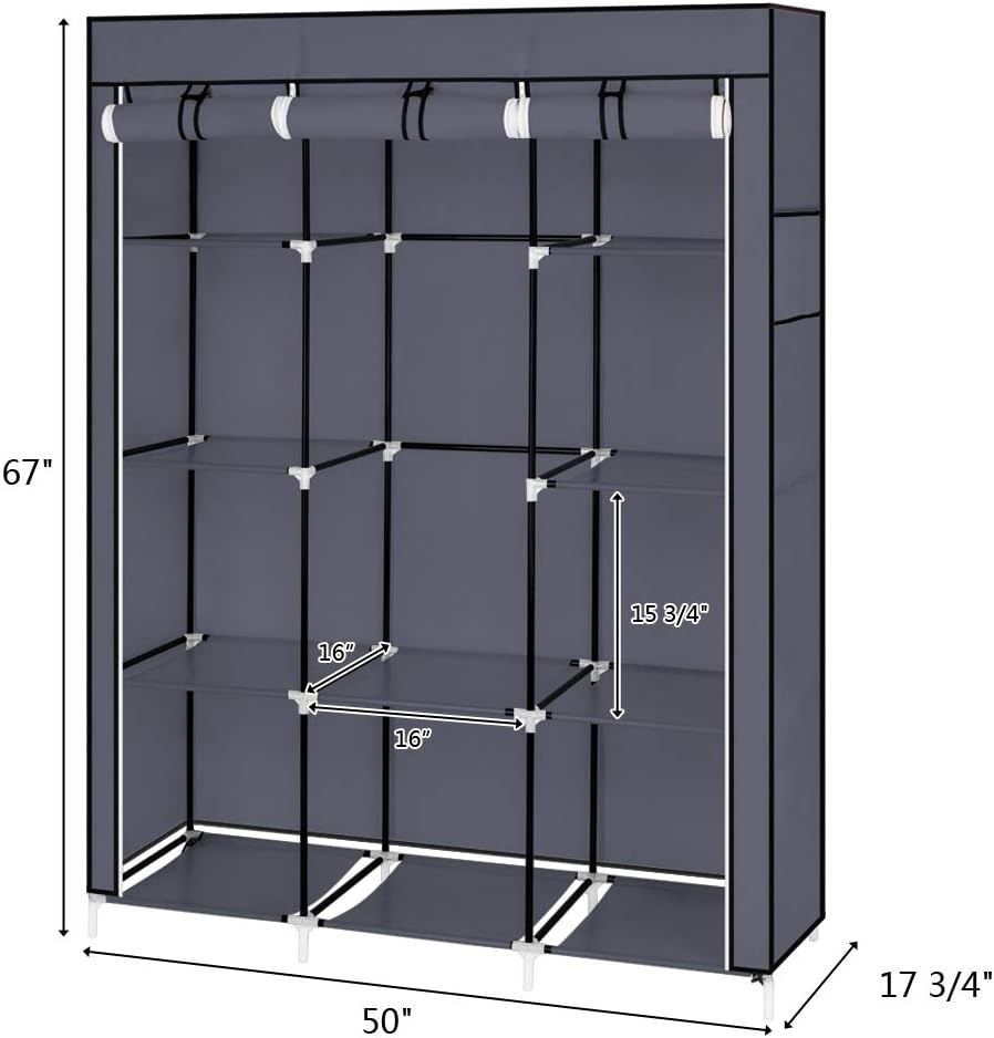 67" Portable Clothes Closet Wardrobe Organizer with Cover – 10 Shelves, Hanging Rod, Waterproof Fabric, Steel Frame – Gray