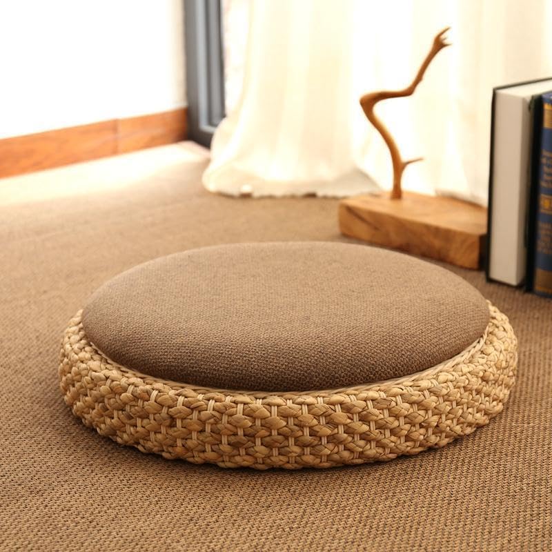 Round Floor Cushions with Woven Rattan Base, Brown Fabric Top, Set of 3, Japanese Style Meditation Seat Pads