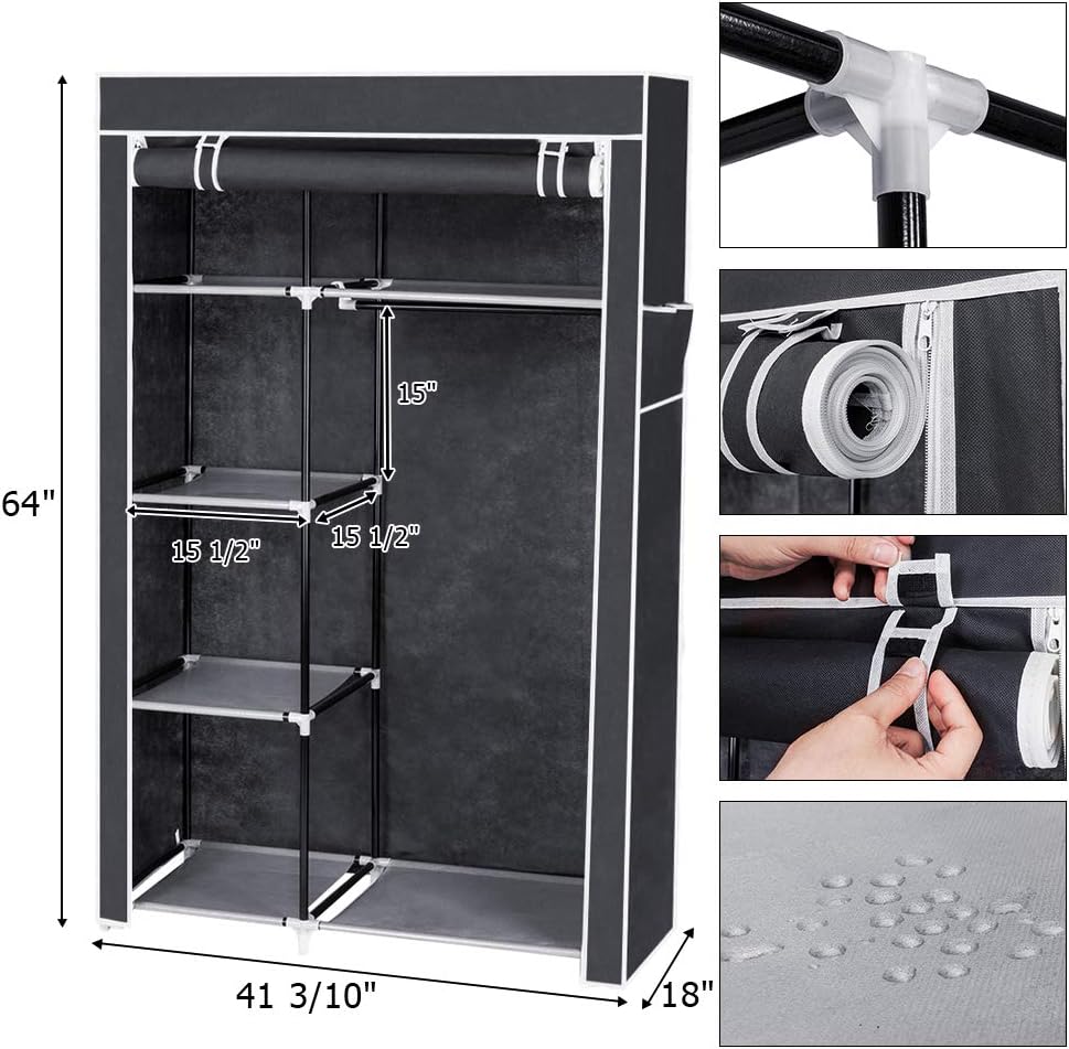 64" Portable Closet Storage Organizer Wardrobe Clothes Rack with Shelves Gray(41.3”W x 18.0” D x 64”H)