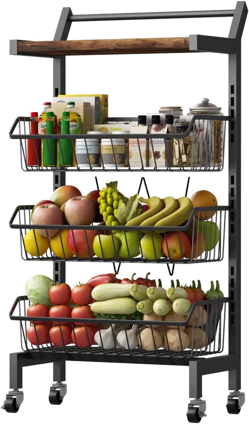DGSNADGO Slim Rolling Storage Cart, 4-Tier Kitchen Cart on Wheels, Narrow Utility Cart with Handle and Wooden Tabletop for Small Space in Kitchen, Living Room, Bathroom, Rustic Brown and Black