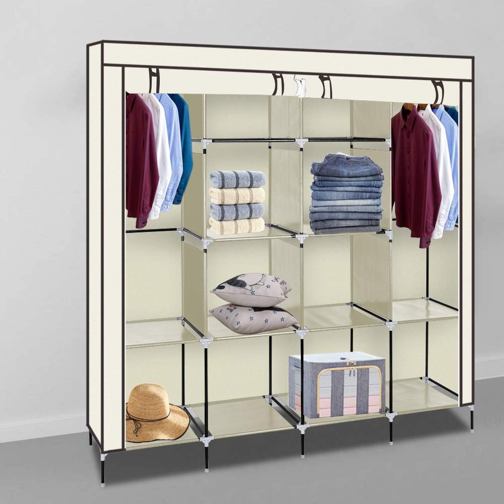 amopacorp 71" High-Leg Clothes Closet Portable Wardrobe Non-Woven Fabric Clothes Storage Rack 12 Shelves 4 Side Pockets Movable Hanging Rod Steel Tube w/PP Plastic Connectors, Beige