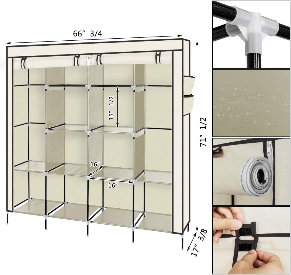 amopacorp 71" High-Leg Clothes Closet Portable Wardrobe Non-Woven Fabric Clothes Storage Rack 12 Shelves 4 Side Pockets Movable Hanging Rod Steel Tube w/PP Plastic Connectors, Beige