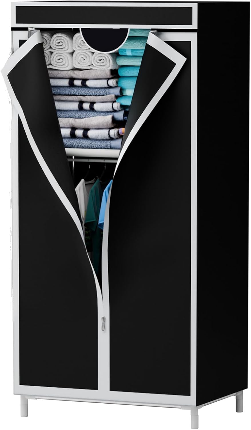 16mm Portable Wardrobe with Hanging & Folding Sections, T-Zipper Design & Full-Cover Dustproof Cover for Bedroom, Apartment, Dorm