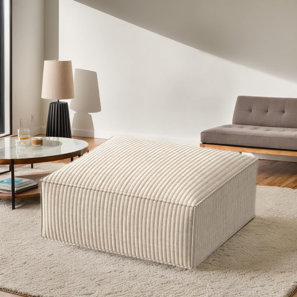 Pipishell White5 Square Stuffed Futon Sofa, Corduroy Poufs with Foam Filling, Pouf Foot Stool, 31 X 31 Floor Poufs Foot Rest for Living Room