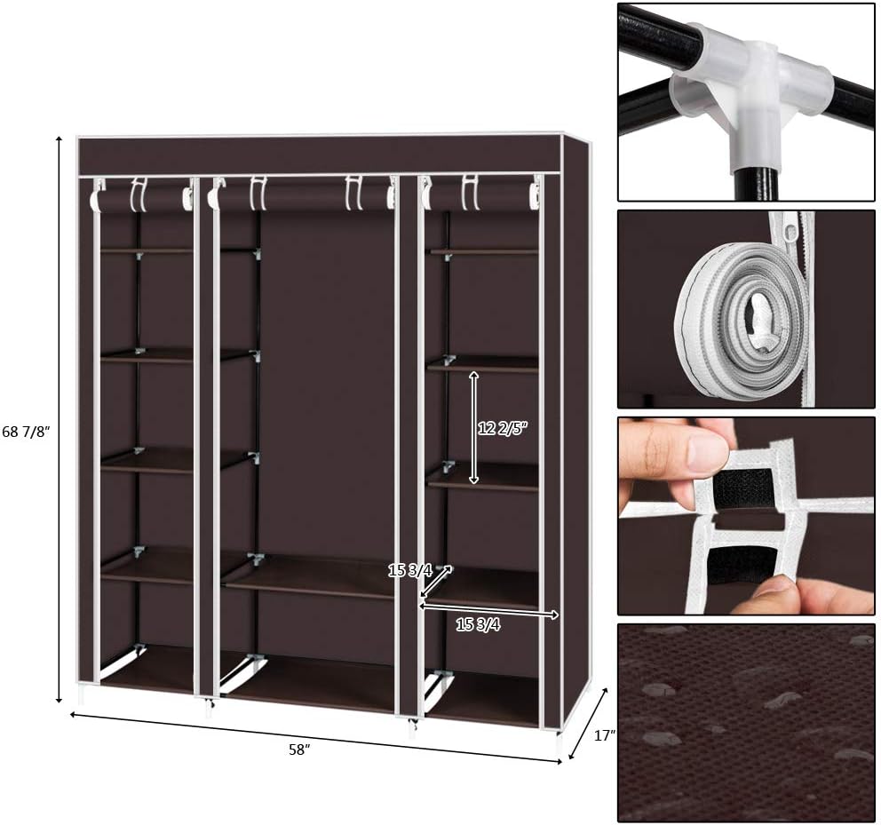 amopacorp 69" Non-Woven Fabric Portable Clothes Closet Wardrobe Storage Organizer with Movable Hanging Rod and 12 Storage Shelves Quick and Easy to Assemble Extra Strong and Durable, Dark Brown