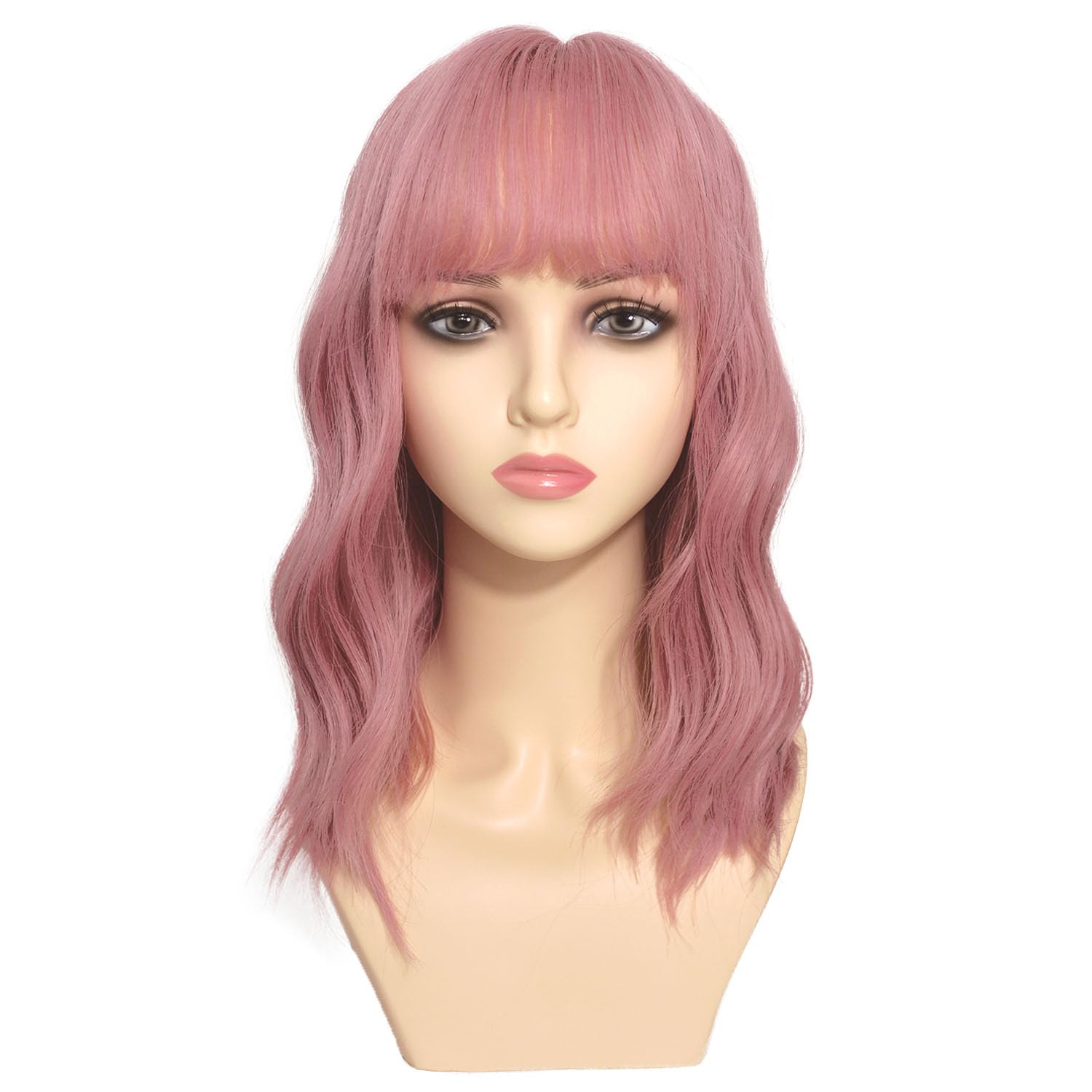 Romantic Angels Blonde Wavy Bob Wig with Bangs Synthetic Shoulder Length Wigs for Women Medium Length Hair Wig for Women