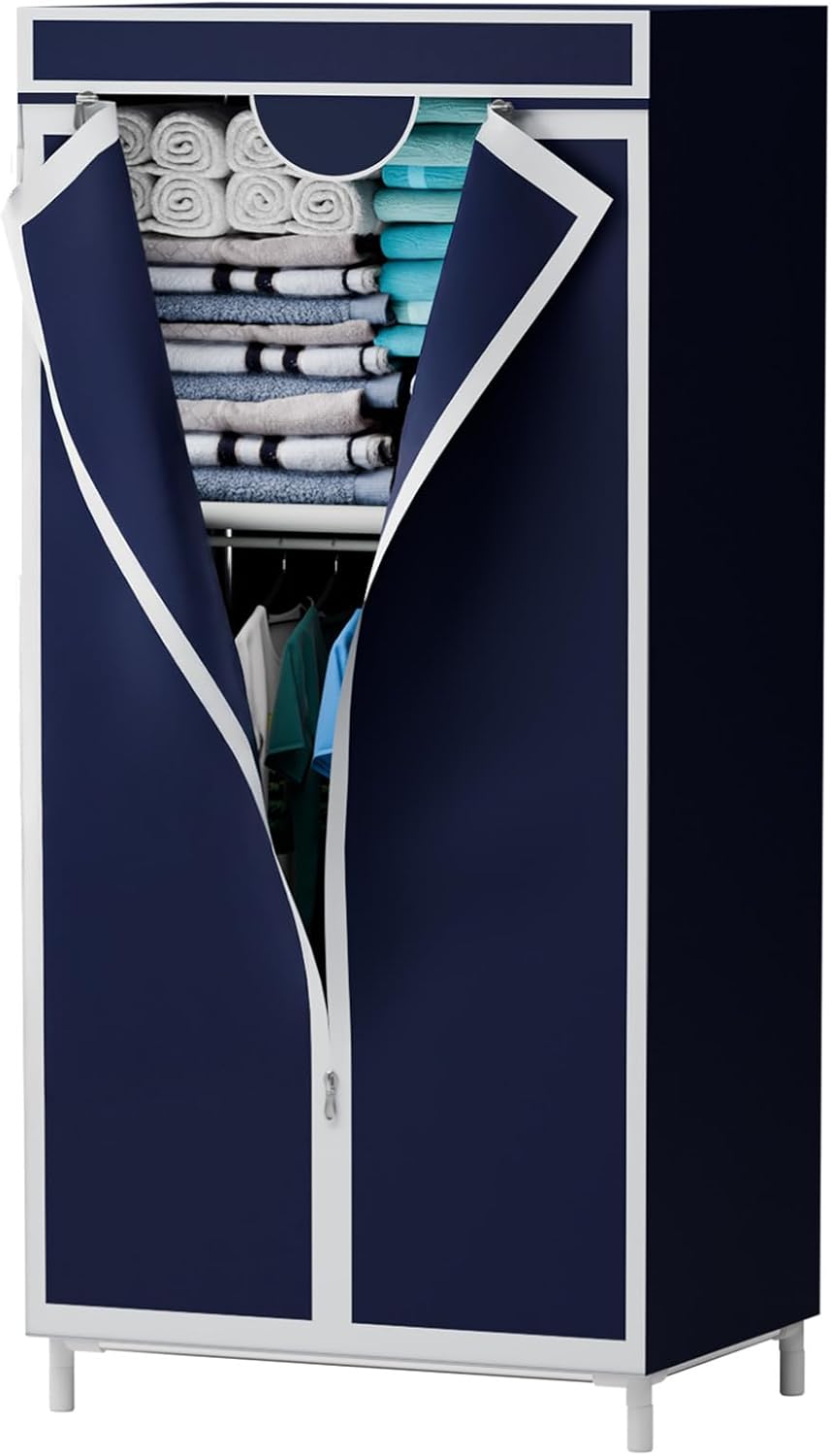 16mm Portable Wardrobe with Hanging & Folding Sections, T-Zipper Design & Full-Cover Dustproof Cover for Bedroom, Apartment, Dorm
