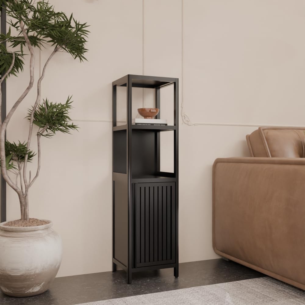 Large Capacity Multifunctional Bamboo Storage Cabinet Furniture, for Bathroom and Living Room (Black + Bamboo)