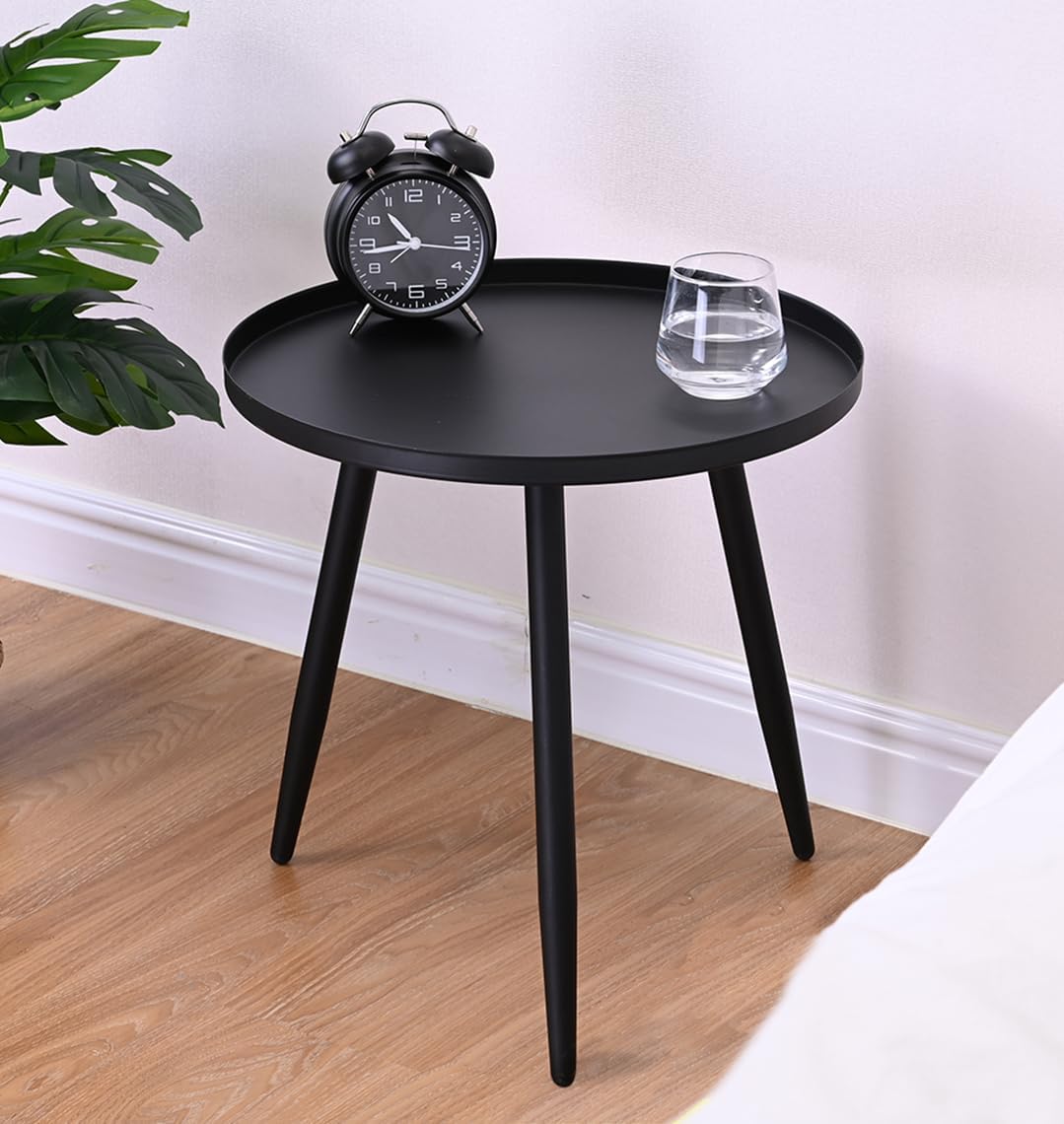 Round Sofa Side End Tables Metal Bedside Tables Nightstands for Small Space Living Room Bedroom Balcony, Anti-Rust and Waterproof, Matte Black