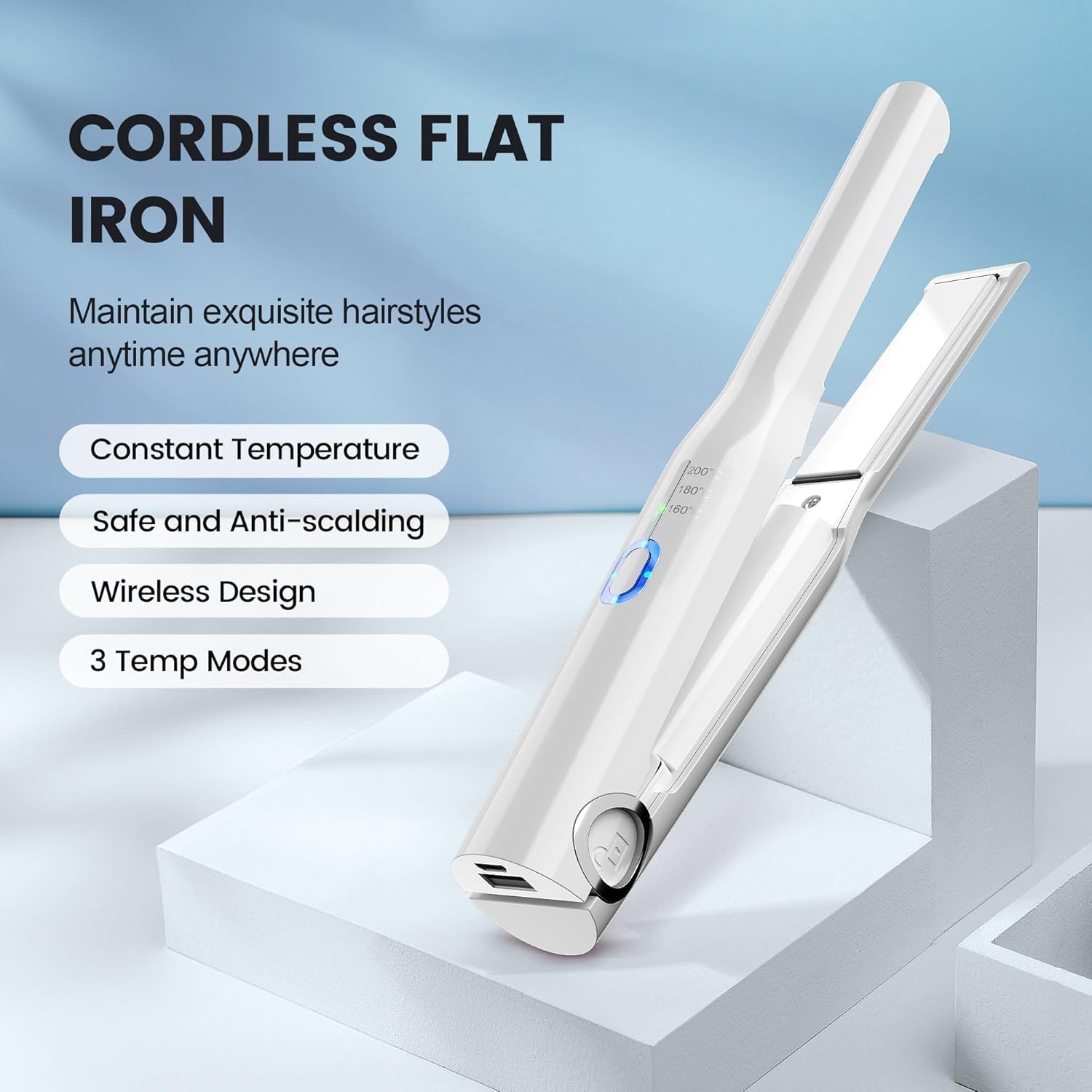 Cordless Hair Straightener,2-in-1 Iron 3 Temp Modes,USB-C Rechargeable, Fast Heating,Straightening & Curling,Portable and Travel Friendly, Flat Iron for Thin & Thick Hair on The go (White)