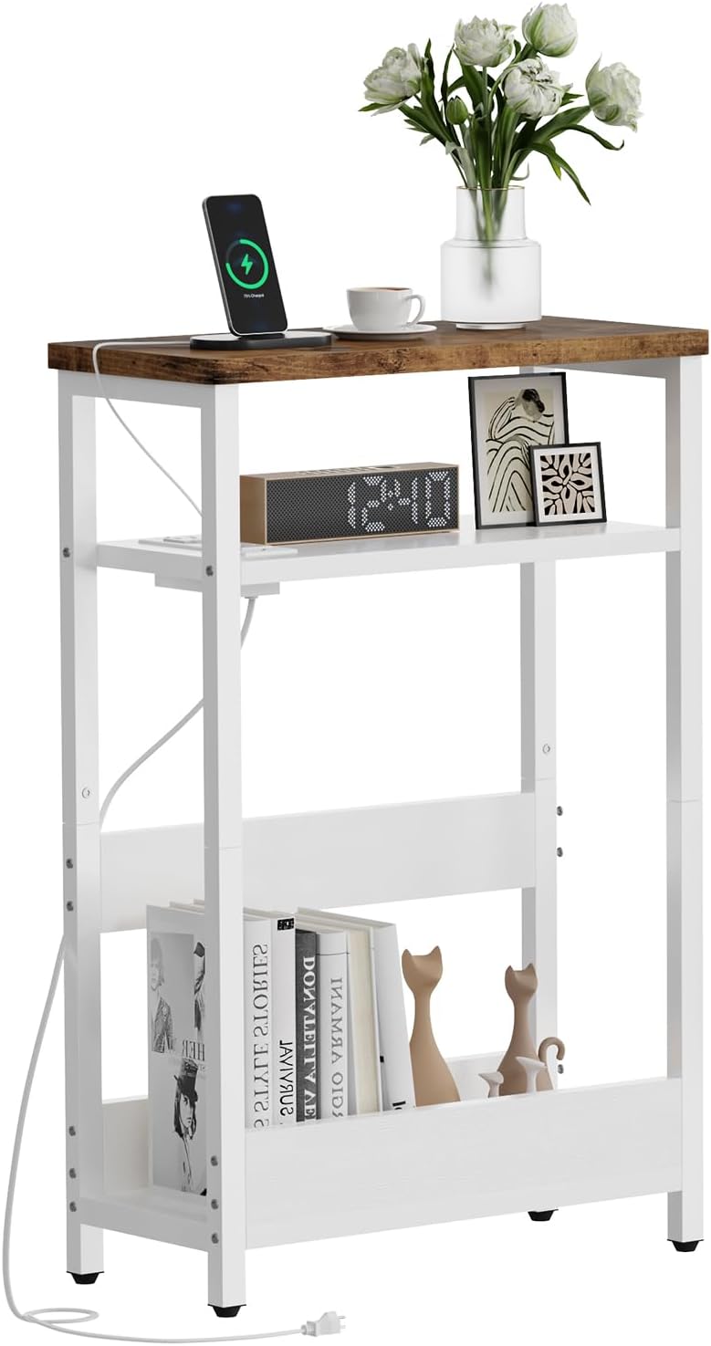 IBUYKE Narrow Side Table with Storage Shelf, 3 Tier Slim End Table for Small Spaces, Wood Small Nightstand with Magazine Rack for Living Room, Bedroom, Sofa, Space Saving, White WST006W