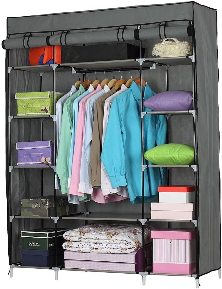 53" Portable Closet Wardrobe Clothes Rack Shelf Storage Space Organizer Grey