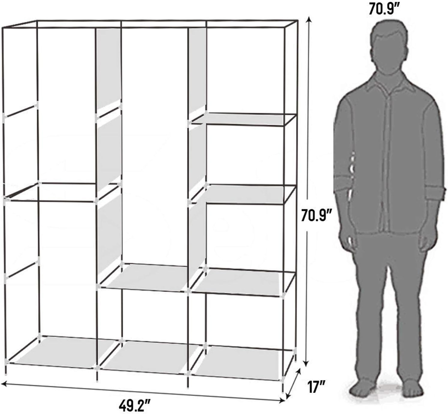 71" Portable Clothes Closet Organizer, Space-Saving Storage Wardrobe, 8 Shelves & Hanging Rod, Gray