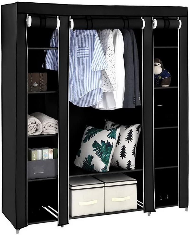 Portable Wardrobe Closet with Shelves, 69 inch Storage Organizer, Black (Grey 10 grids)