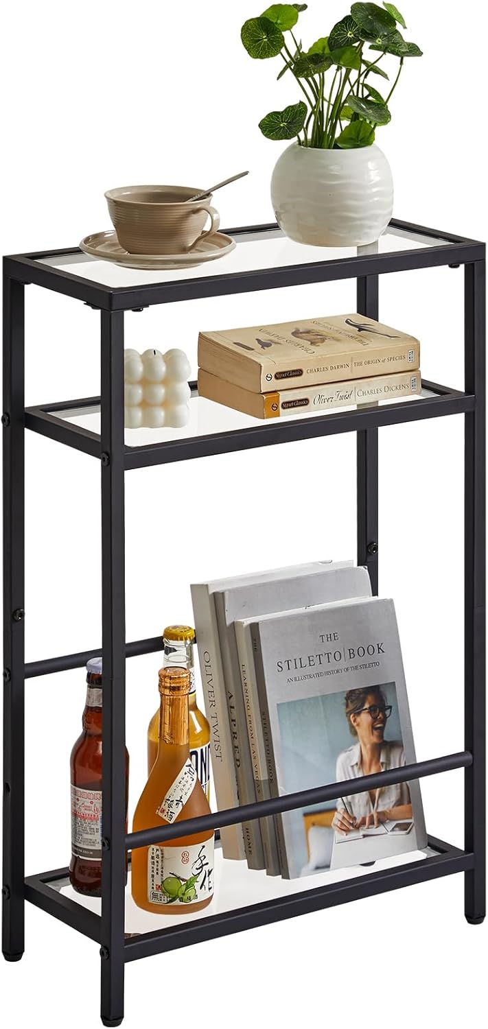 IBUYKE Narrow Side Table with Storage Shelf, 3 Tier End Table,Modern Sofa Table,Small Nightstand with Magazine Rack,Telephone Table for Small Spaces,for Living Room, Bedroom,Brown UTMZ001H
