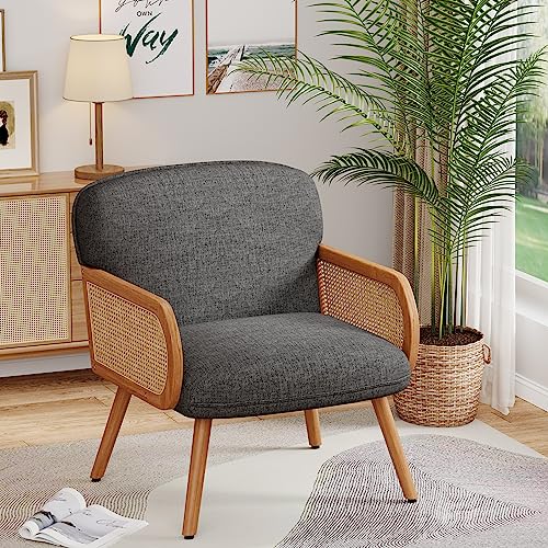 Andeworld Accent Chair with Rattan Arms,Upholstered Mid Century Modern Living Room Armchair, Side Club Chair with Burlap Linen Fabric for Living Room Bedroom Balcony, Dark Grey
