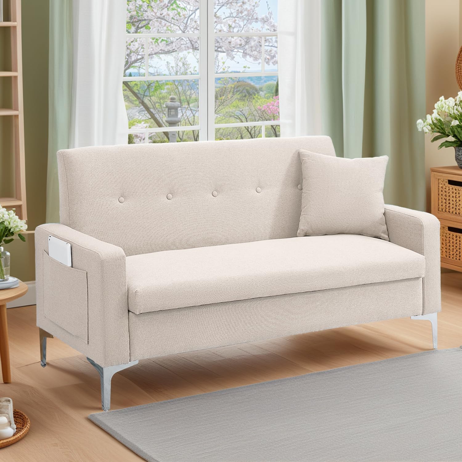 57'' Loveseat Sofa with Storage, Small Love Seats Couches for Bedroom, Living Room, Office, Dorm, 2 Seater Couch with Metal Support Legs and Side Pocket, Tool-Free Assembly (Beige)