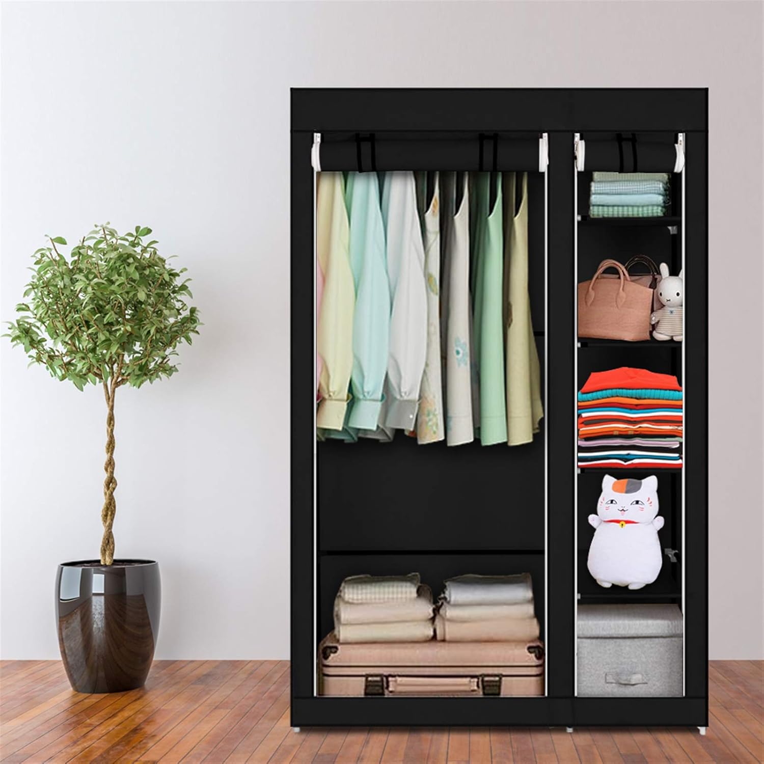 67-Inch Portable Clothes Closet Wardrobe with 6 Shelves and Hanging Rod, Non-Woven Fabric Cover, Dustproof & Waterproof Storage Organizer for Bedroom, Black