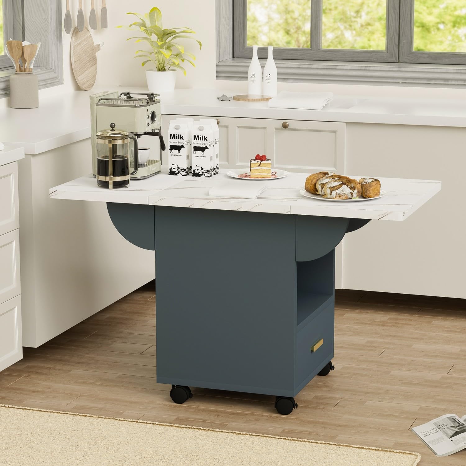Wood Folding Dining Table with Wheels, Space-Saving Extendable Kitchen Table with Storage Rack and Drawer, Movable Versatile Table for Dining, End Table, or Workspace