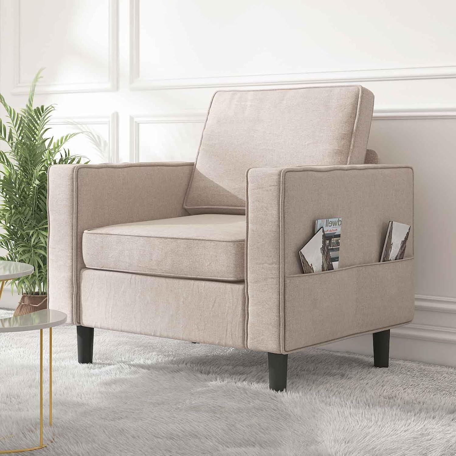 BALUS Accent Chair Single Sofa for Living Room, Soft Padded Armchair with Storage Pockets/Linen Fabric/High-Density Foam Upholstered/Easy Assembly - Light Grey