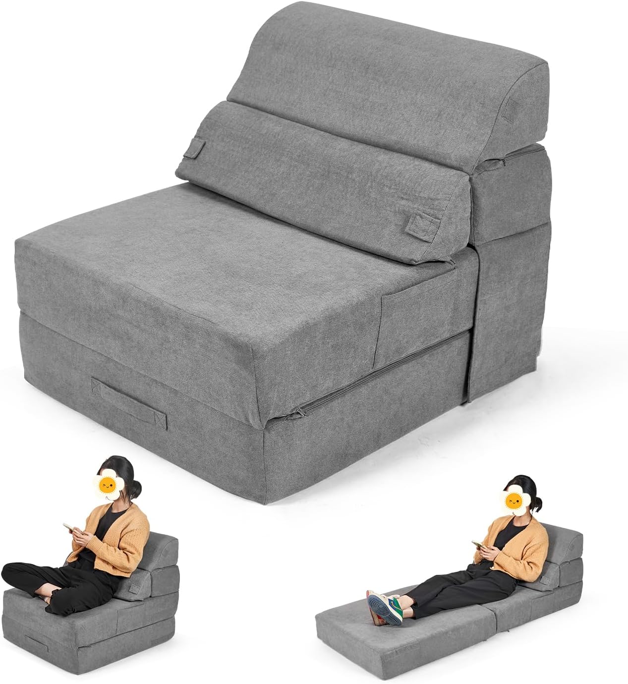Comfy Folding Sofa Bed Chair Convertible Sleeper ChairCouch Foldable Floor Mattress Single Futon Lounge for Living Room Bedroom(77"x26", Grey)