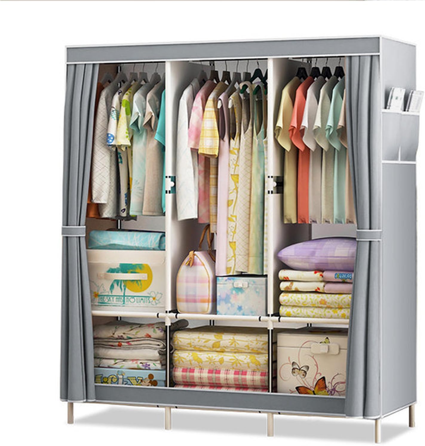 1PC Silver Gray Portable Wardrobe, Fabric Cabinet, Organizing Cabinet, with Side Pockets and Curtains, Metal Frame, Sturdy and Durable, Large Capacity, Dust-Proof Storage, Easy Assembly