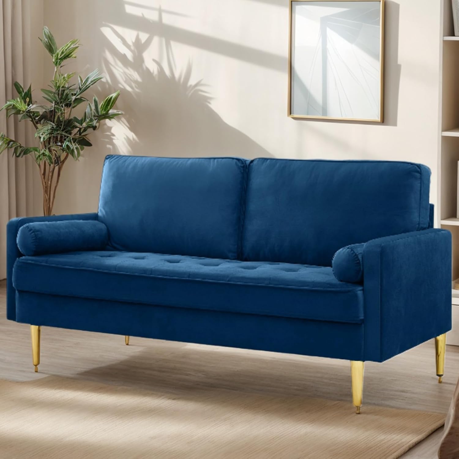 65 Inch Green Velvet Couch, Small Loveseat Sofa & Office Sofa for Small Space, Small Couch for Bedroom Livingroom, 2 Pillows, Gold Legs, Tufted Seat (Grey)