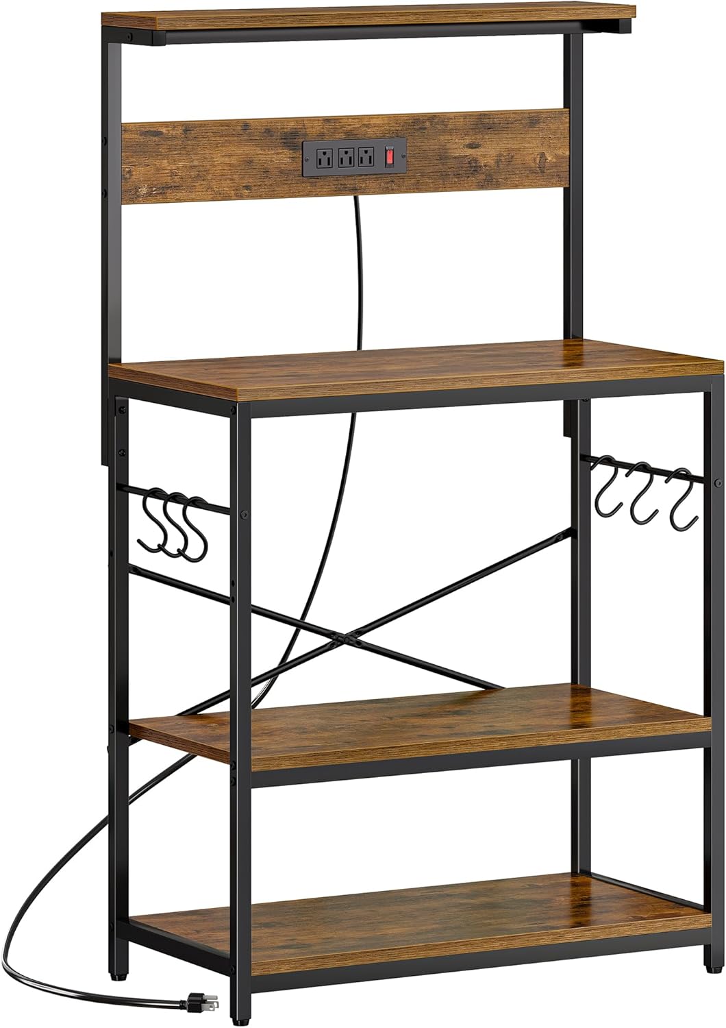 SUPERJARE Kitchen Bakers Rack with Power Outlet, Coffee Bar Table 4 Tiers, Kitchen Microwave Stand with 6 S-shaped Hooks, Storage Shelf Rack for Spices, Pots and Pans - Rustic Brown