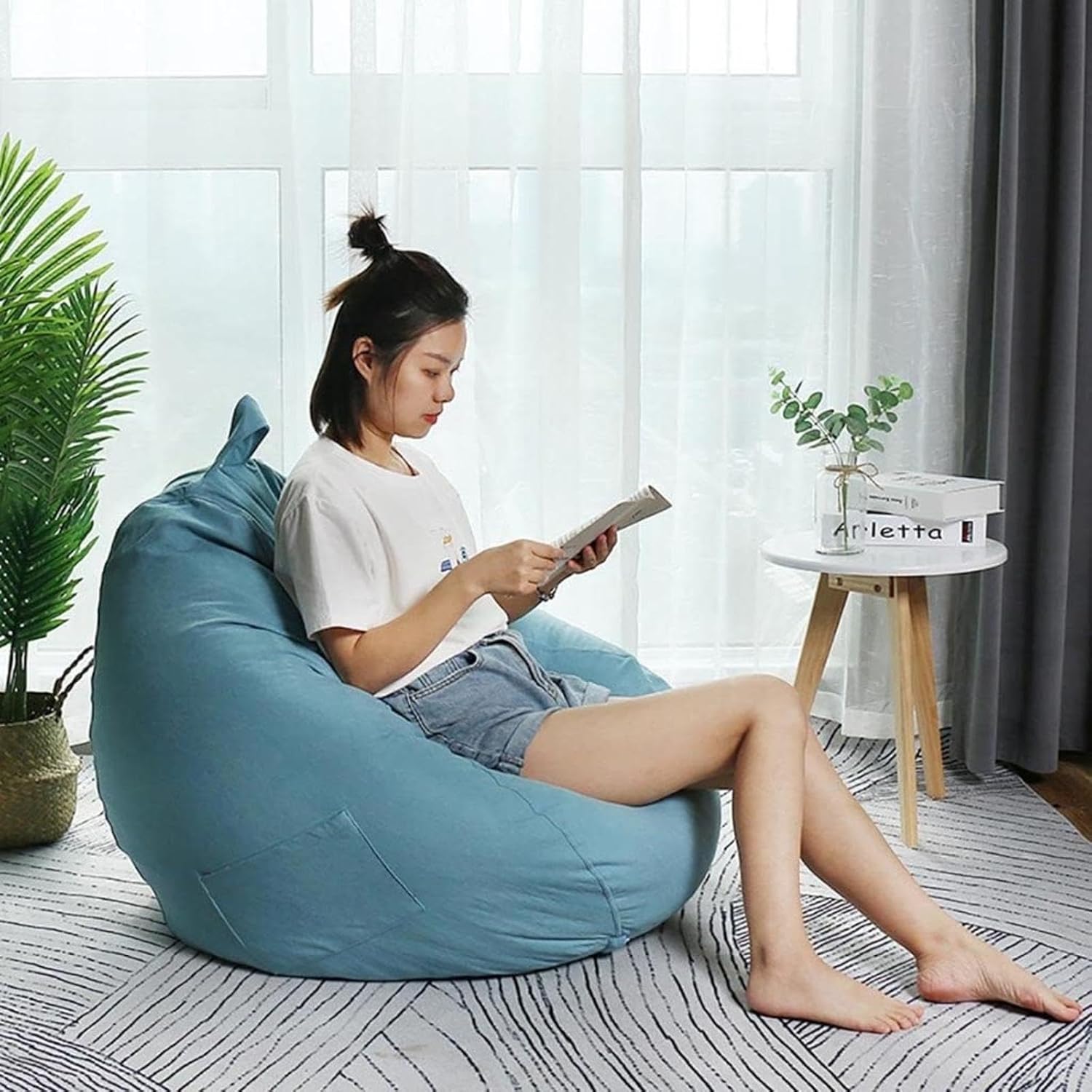 NIBHZ Lazy Sofas Cover Chairs Without Filler Linen Soft Micro-Fiber Bean Bag Chairs Cloth Lounger Seat Bean Bag Pouf Puff Couch for Adults (No Filler),Blue-75X85CM