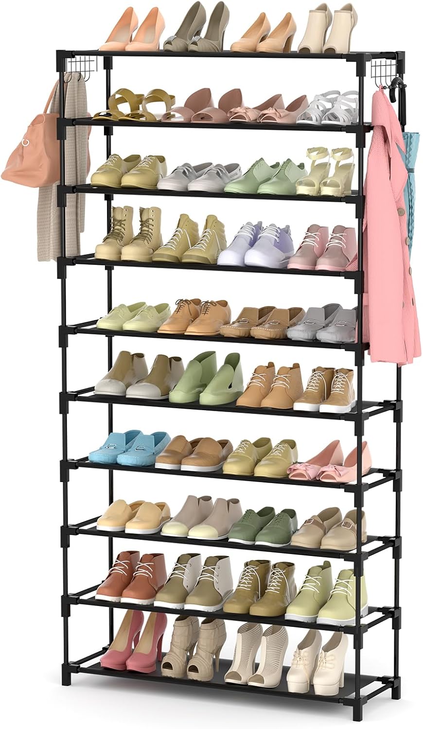 10 Tiers Shoe Rack 50 Pairs Large Capacity Tall Shoe Organizer Sturdy Shoe Storage with Two Hooks Space Saving Metal Wide Shoe Rack for Closet, Entryway, Bedroom, Grey