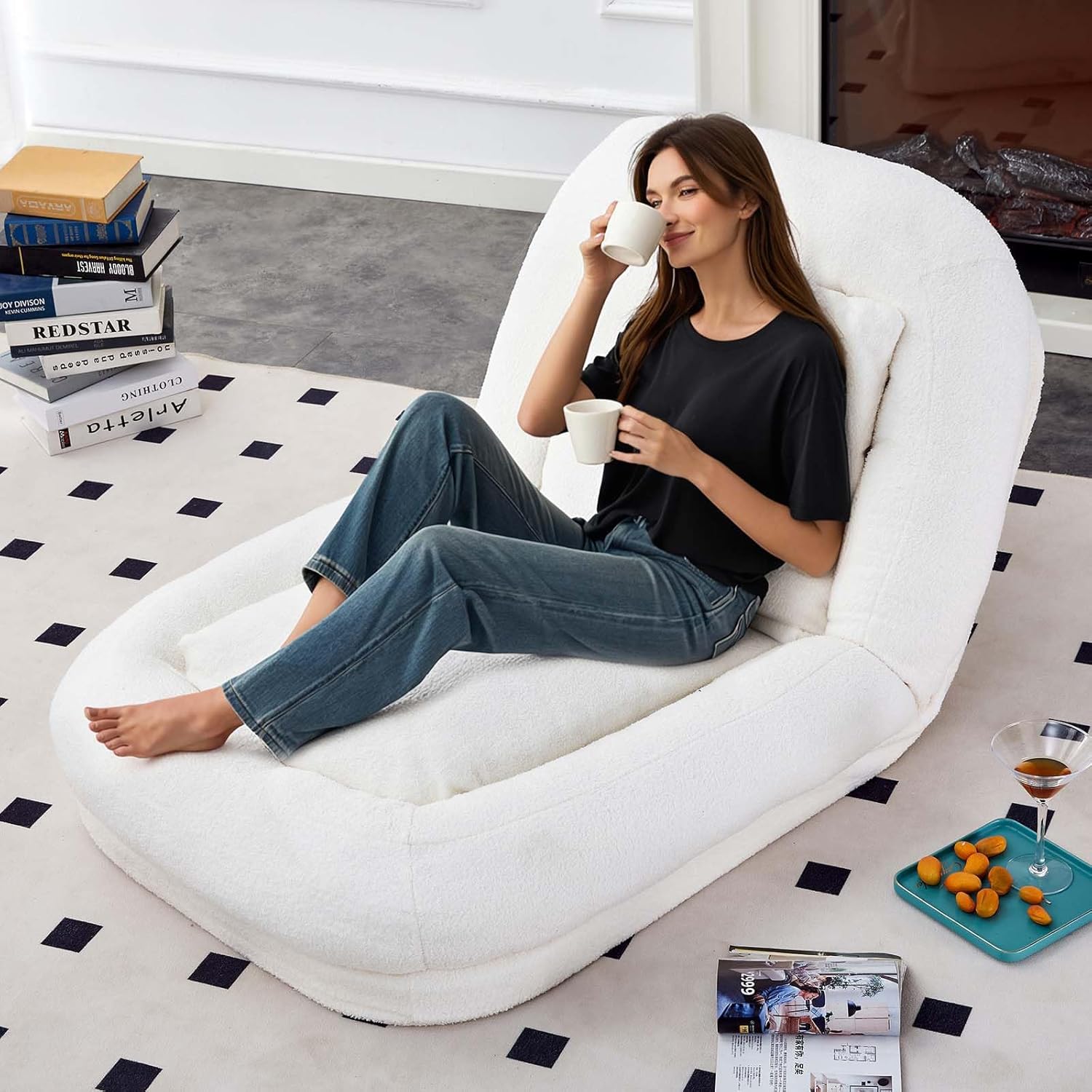 69" Foldable Human Size Dog Bed for Adults,Upholstered Tatami Floor Recliner with 2 Pillows & Adjustable Backrest, Folding Floor Chair, Lazy Sofa Bed for Home Living Room, No Assembly (Grey)
